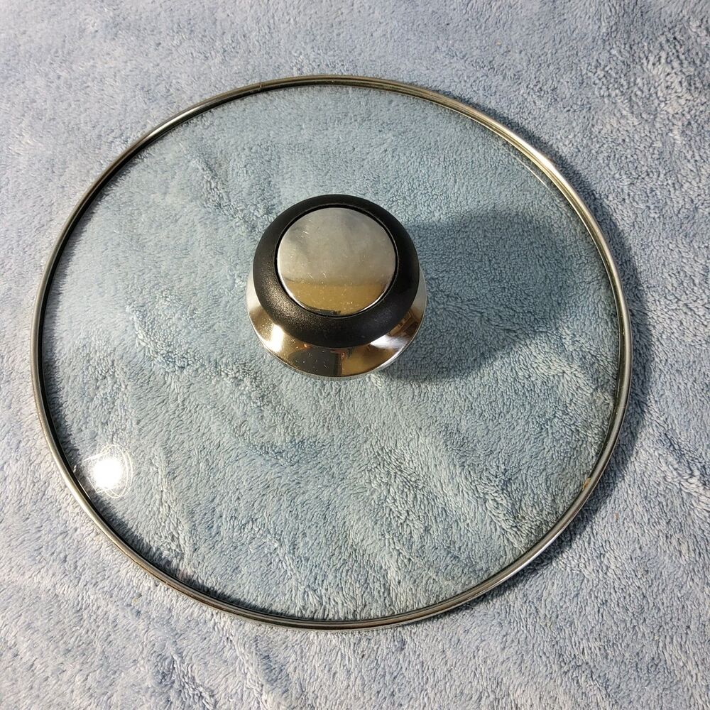 Universal Replacement Tempered Glass Lid 8.25" Stainless Steel Rim Black Handle